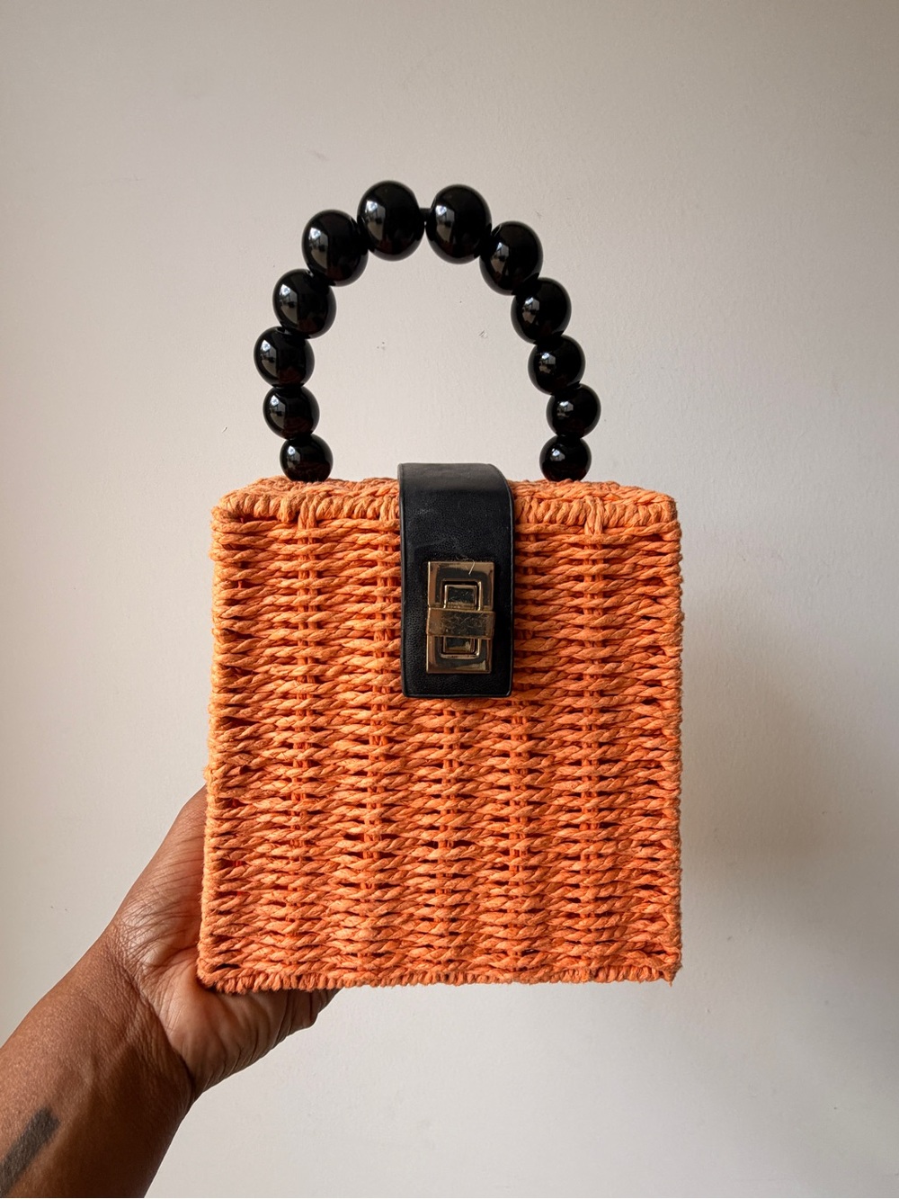 Vintage Orange Woven Mini Bag with Black Bead Handle
